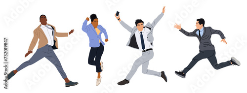 Set of different business people jumping for joy, celebrating success. Cartoon excited female and male characters in formal office suits. Vector realistic illustration isolated on white background
