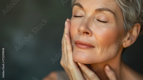 Portrait close up of mid aged woman with close eyes touching her face, menopause. Caring for your skin in menopause. Estrogens and aging skin. Advertising facial anti age products, tighten skin