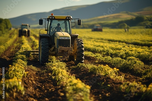 Tractor cultivating field at spring. sprawling agricultural farm with fields of crops  tractors  and machinery involved in food production for a growing population