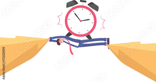Big burden of time on businessman who laying down across the cliff, vector illustration cartoon

