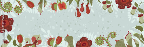 Social media post background. Beautifull banner with exotic carnivorous plants. Frame with unusual rare wild flowers Rafflesia, Nepenthes, Venus flytrap. Template design. Editable vector illustration