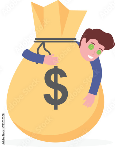 funny greedy businessman with dollar eyes hugging money bag.Dollar eyes greedy man concept.
