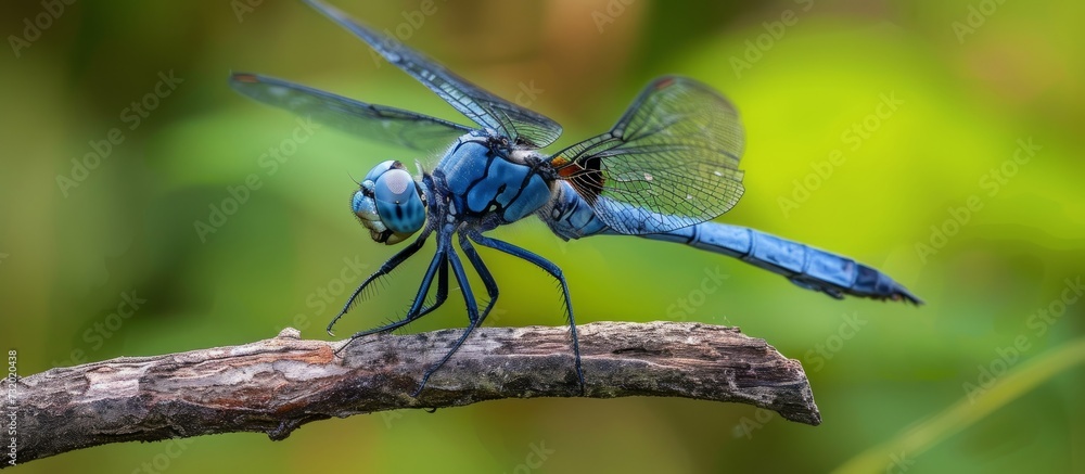 An electric blue dragonfly, an arthropod insect, is sitting on a branch, showcasing the beauty of terrestrial dragonflies and damselflies. An electric blue dragonfly, an arthropod insect, is sitting on a branch, showcasing the beauty of terrestrial dragonflies and damselflies.