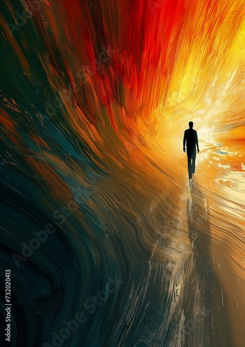 Wallpaper Mural man walking tunnel deep flares city rising ashes lonely human path based unbiased spiritual evolution interconnected impactful graphic design chalk Torontodigital.ca