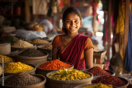 Portrait smiling young Indian saleswoman selling spices at local market