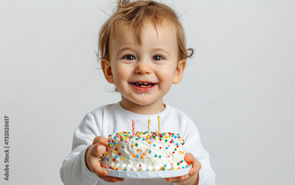 Cute smiling baby boy holding a birthday cake Cute smiling baby boy holding a birthday cake