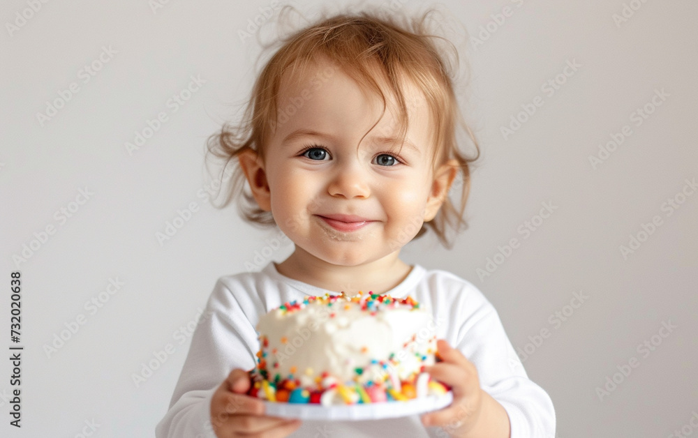 Cute smiling baby boy holding a birthday cake Cute smiling baby boy holding a birthday cake