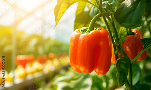 One red bell pepper cultivation in greenhouse with copy space