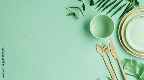 cutlery, recycling and eco friendly concept - set of wooden spoon, fork and knife on paper plate