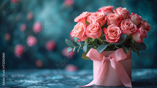 Beautiful bouquet flowers pink roses in vase and gift box with satin bow on pastel pink background table. Birthday, Wedding, Mother's Day, Valentine's day, Women's Day. Front view