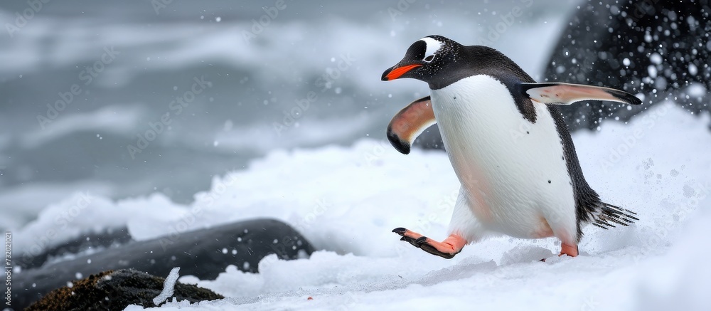 Fototapeta premium A flightless bird, the Adélie penguin stands on its hind legs in the snowy terrain, showcasing its beak and adapting to its terrestrial, icy environment.