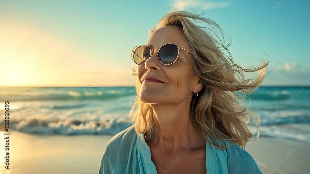 Mature woman enjoying a serene beach sunset, peaceful vacation moment. relaxed holiday by the sea, freedom and leisure concept. casual beachwear, carefree lifestyle. AI Mature woman enjoying a serene beach sunset, peaceful vacation moment. relaxed holiday by the sea, freedom and leisure concept. casual beachwear, carefree lifestyle. AI