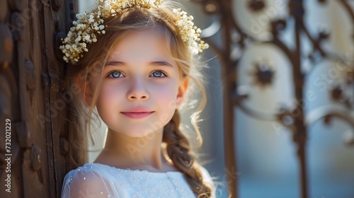 Positive young female girl in First Communion dress with long hair church background