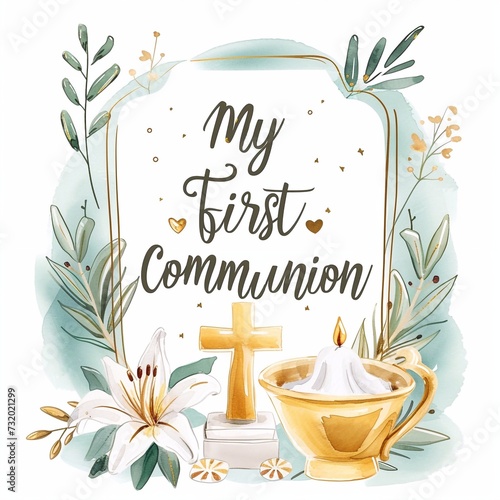 My first communion, written in stylish typography with subtle heart accents. card