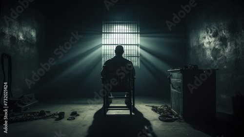 Scary, prisoner, sitting, chair, dark, gloomy, interview room, sinister, downlight photo