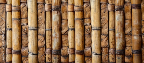 Asian handicrafts made from bamboo trees with a woven bamboo pattern for background.