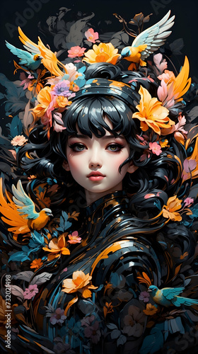 Portrait of a woman surrounded by flowers AND birds. Fantasy, dark style. 