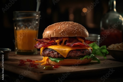 AI generated illustration of a delicious looking cheeseburger served on a cutting board