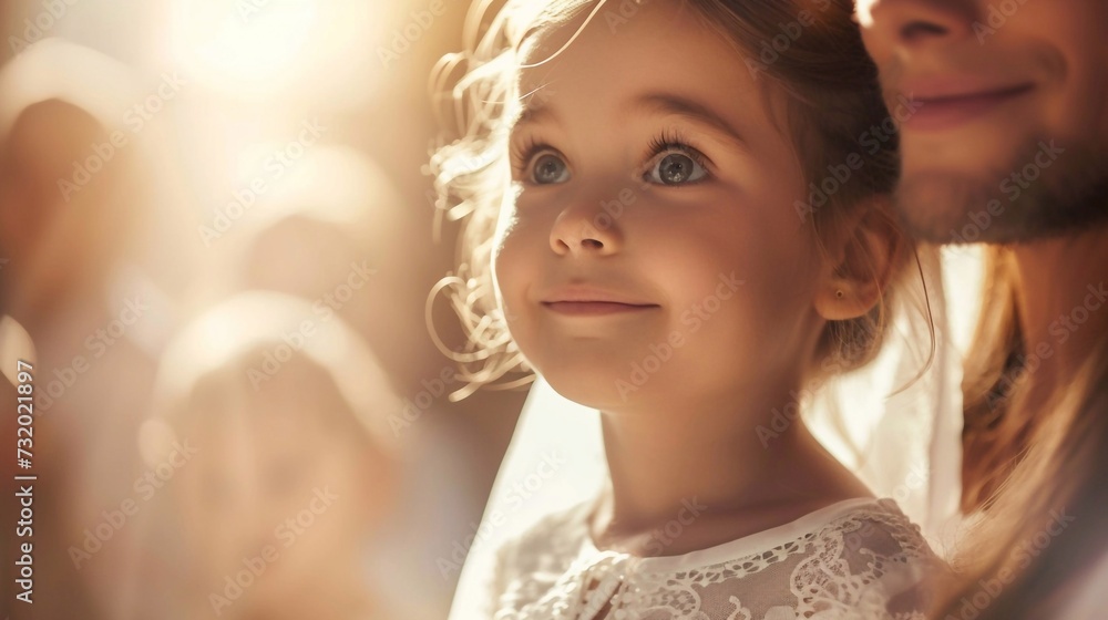 Portrait little girl on her first day of communion on church with her father and mother Portrait little girl on her first day of communion on church with her father and mother
