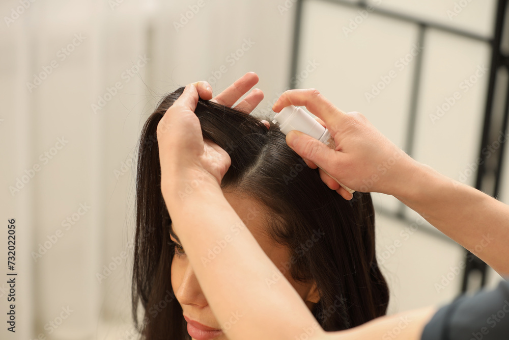 Fototapeta premium Hair styling. Professional hairdresser working with client indoors, closeup