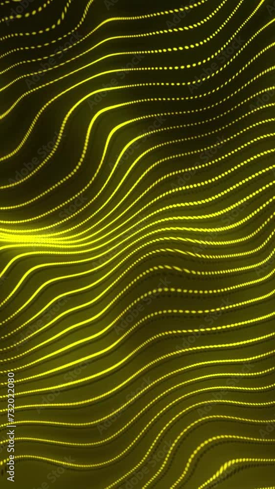 looped yellow glowing wavy lines and particle liquid simulation background. Abstract Technology background. Vertical resolution video. looped yellow glowing wavy lines and particle liquid simulation background. Abstract Technology background. Vertical resolution video.