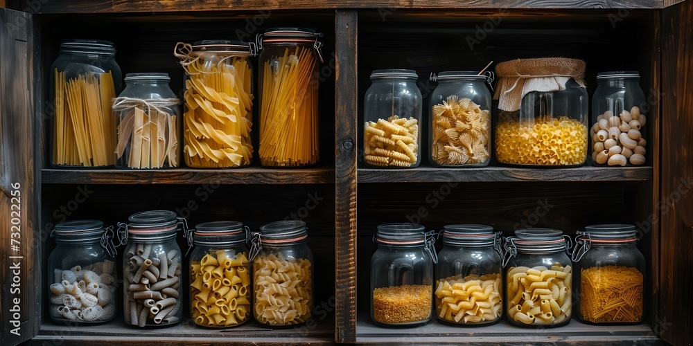 Assorted pasta types in mason jars on wooden shelf. home organization and storage. rustic kitchen interior concept. sustainable living with bulk foods. AI
