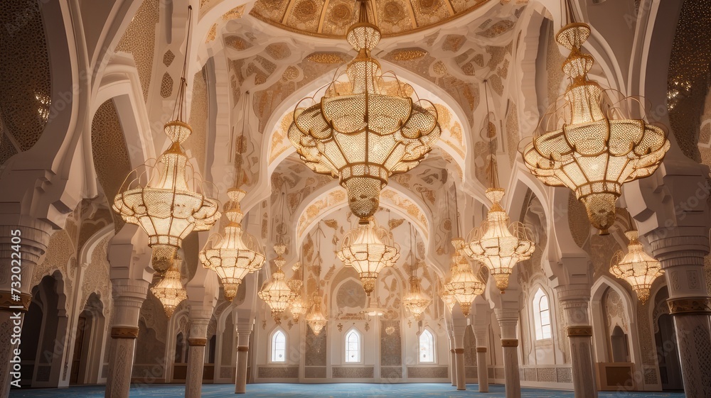 The mosque is decorated with chandeliers, lanterns and beautiful Arabic calligraphy.
