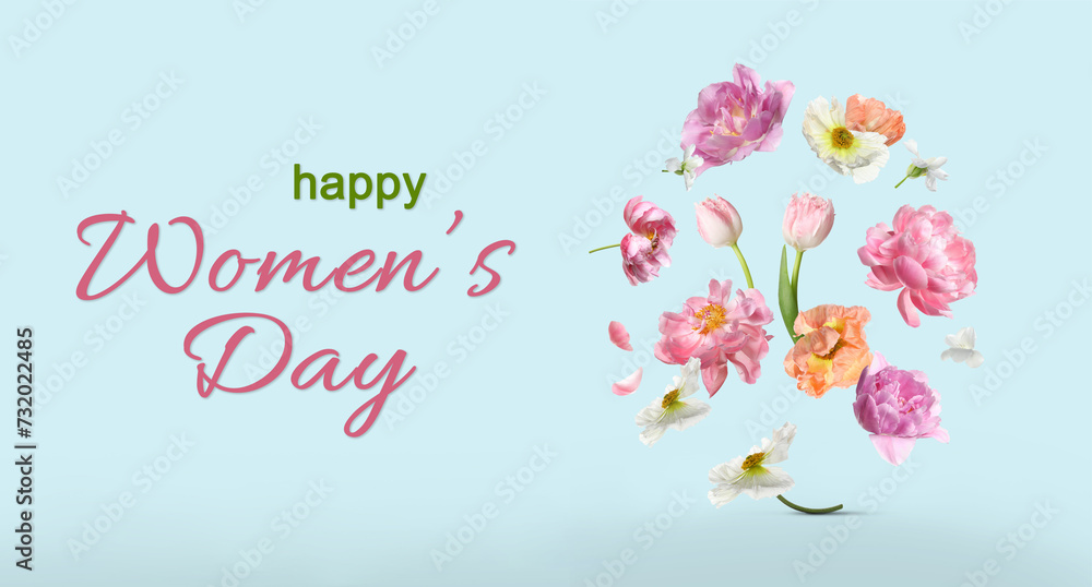 Happy Women's Day greeting card design with beautiful flowers on light blue background Happy Women's Day greeting card design with beautiful flowers on light blue background