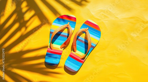 Playful striped beach flip-flops on a sunny yellow surface.