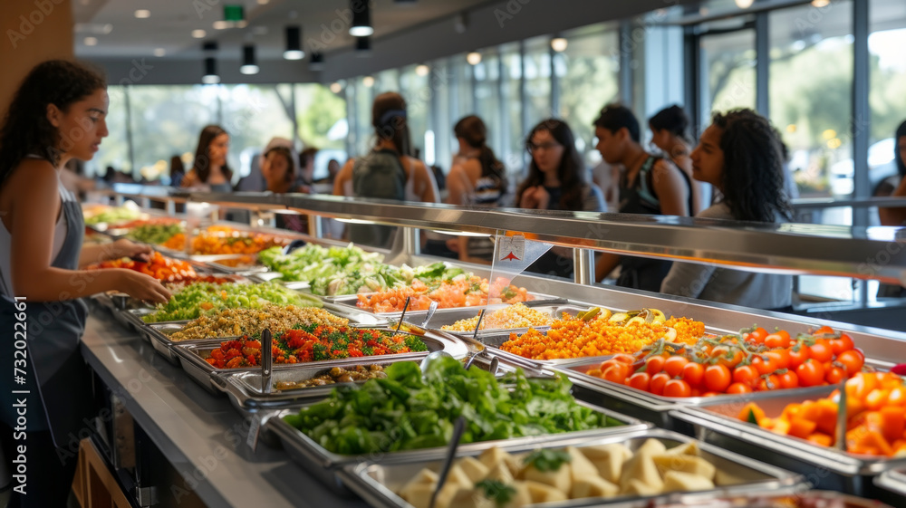 Bustling salad bar in a modern eatery, showcasing a variety of fresh, colorful vegetables; a scene of healthy choices and vibrant atmosphere