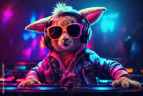 Cute little hare dressed as a dj playing music at a party