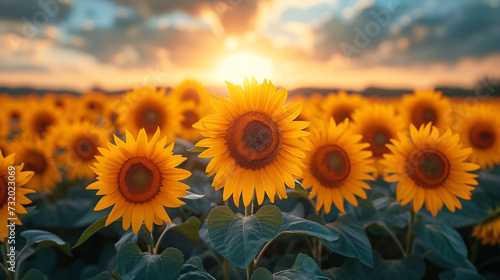 Sunflower field on a sunny day. Endless field covered with lots of sunflowers, cloudy sky in the backgroud. 