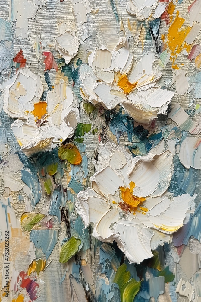 white flowers blue background yellow centers princess thick impasto oil marble slabs blurred