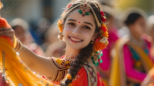 Radiant young girl in traditional indian attire smiling during cultural festival. joyful, festive mood captured in vibrant colors. authentic ethnic wear showcase. AI