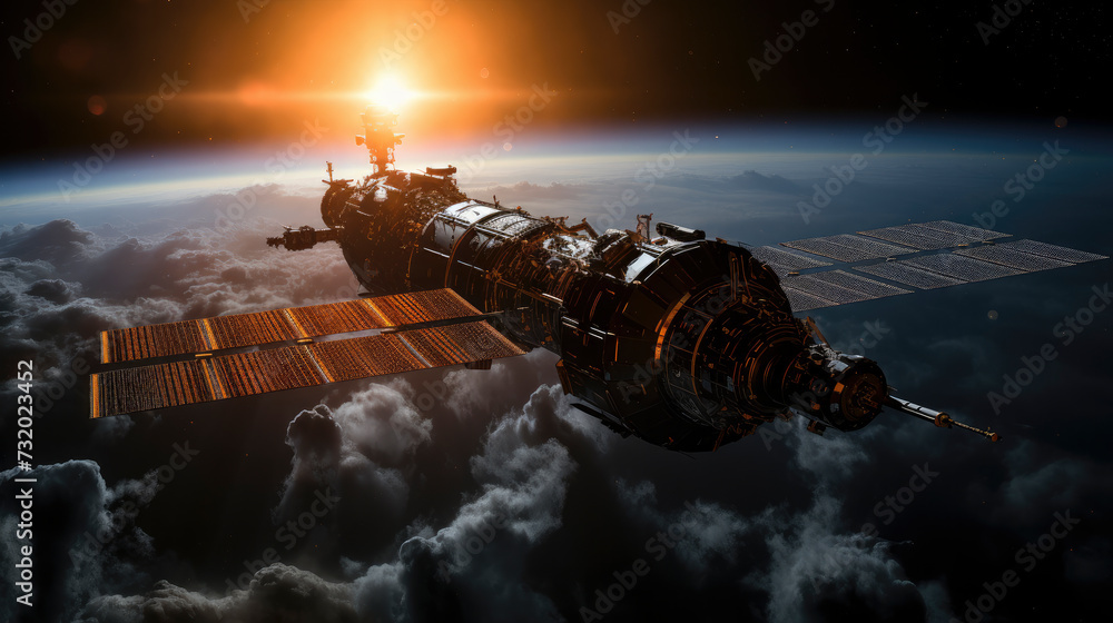 Silhouette of a large, old satellite planet Earth in the background and the Sun coming over the horizon, Ethereal hues highlight a mood of discovery and innovation in the cosmos Silhouette of a large, old satellite planet Earth in the background and the Sun coming over the horizon, Ethereal hues highlight a mood of discovery and innovation in the cosmos