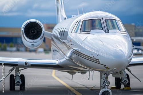 A business jet parked on the tarmac