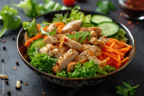 A bowl of Chicken salad with vegetables.