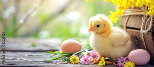 A happy bird from the phasianidae family, with a small yellow feathered body, sits on a wooden table next to eggs and flowers. photo