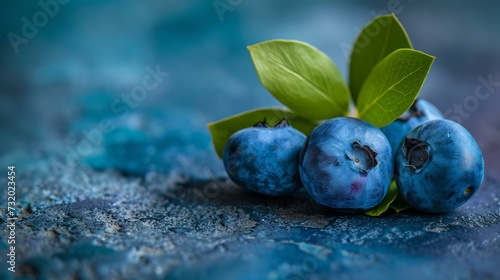 Fresh blueberries with green leaves on a textured surface. close-up shot illustrating healthy eating. vibrant colors and organic theme. perfect for nutrition-related content. AI