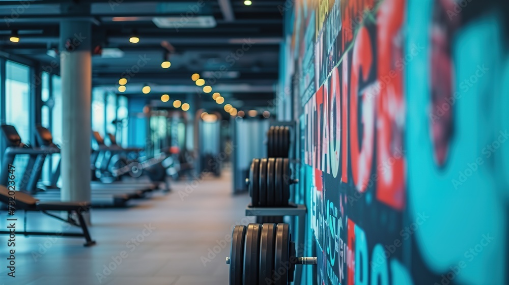 A gym's motivational wall filled with inspirational quotes, in focus, with fitness equipment in the background, blending inspiration with the means to achieve it. A gym's motivational wall filled with inspirational quotes, in focus, with fitness equipment in the background, blending inspiration with the means to achieve it.