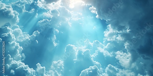 Serene sky with radiant sunlight peeking through fluffy clouds. peaceful heaven-like atmosphere. ideal for background use. AI