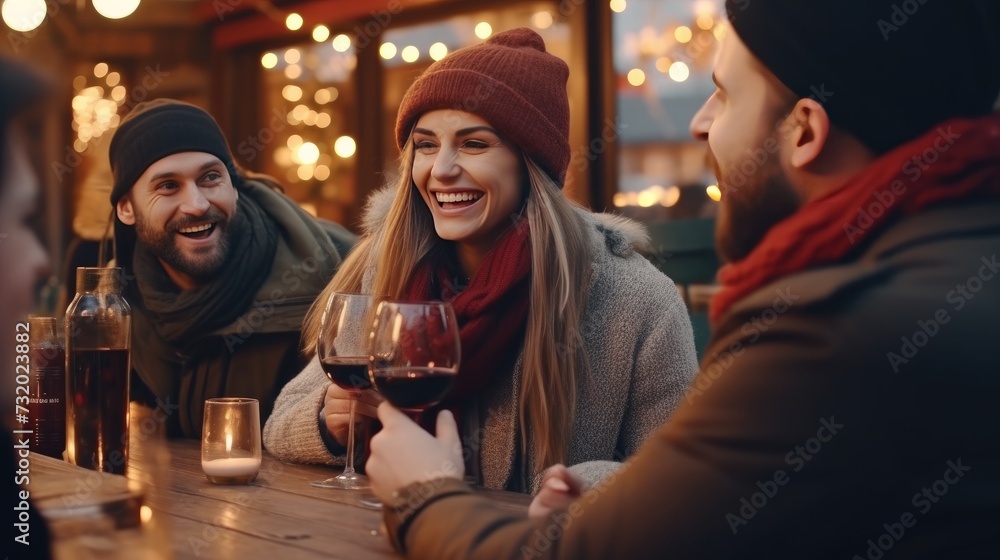 Joyful Friends Dining with Red Wine on Terrace - Young People in Winter Attire Enjoying Wine Bar Outdoors - Socializing, Leisure, and Winter Gathering in Urban Setting - Vibrant Moments Captured