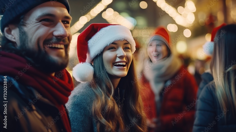 Young Friends in Santa Claus Hats Celebrate Christmas Eve - Joyful Gathering in Festive Christmas Market Street - Winter Holidays and Festive Atmosphere with Youthful Joy and Togetherness