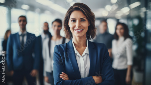 Smiling attractive confident professional woman posing at her business office with her coworkers and employees in the background photo