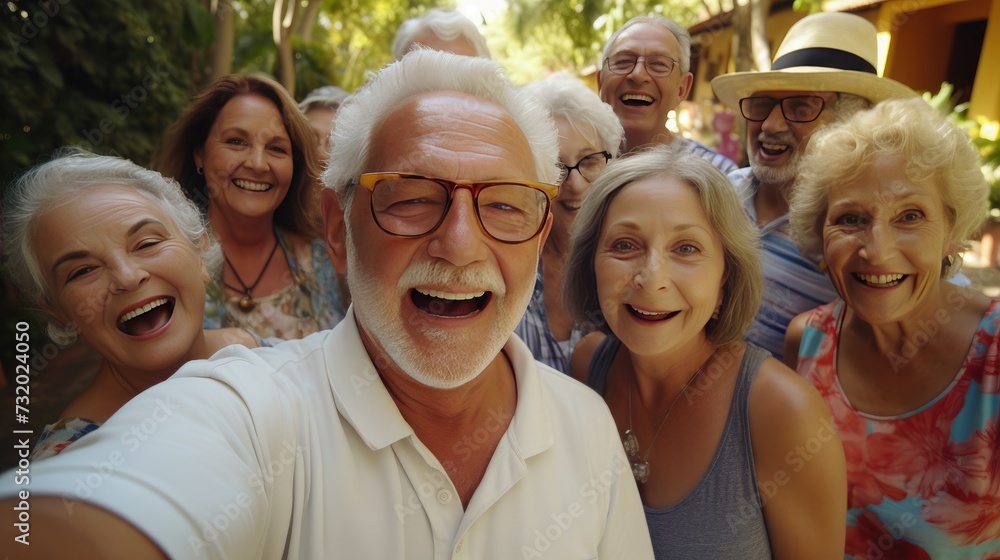 Obraz premium Elderly Friends Smiling in Outdoor Selfie - Senior Group Enjoying Summer Holiday - Lifestyle Concept of Pensioners Having Fun Together - Cheerful Moments Captured with Smartphone.