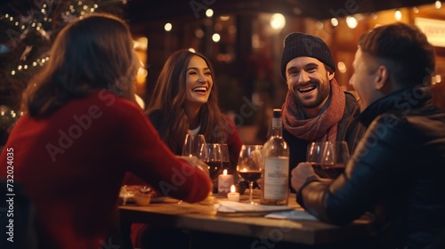 Young Friends Toasting Red Wine on Restaurant Terrace - Socializing, Dining, and Winery Bar Experience - Winter Season Gathering - Vibrant Lifestyle with Food, Wine, and Friendship in Outdoor Setting.