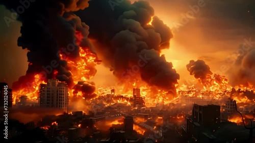 ruins of a big city after a catastrophe, covered with fire and smoke. post-apocalyptic theme. Generative AI