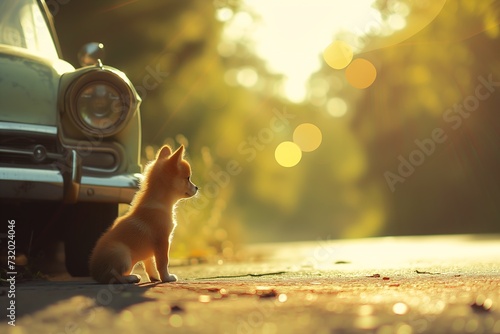 small kitten sitting ground next car portrait sun rays longing peaceful day cute toy low horizon mesmerized foxy staring viewer header dogs photo