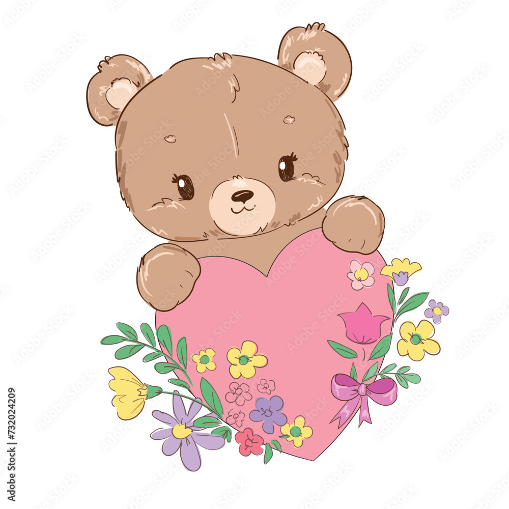 Hand drawn Cute Teddy Bear and flowers Kids print vector illustration Hand drawn Cute Teddy Bear and flowers Kids print vector illustration