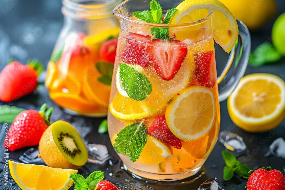 A pitcher and glass filled with a vibrant summer beverage or lemonade, accompanied by fruits A pitcher and glass filled with a vibrant summer beverage or lemonade, accompanied by fruits